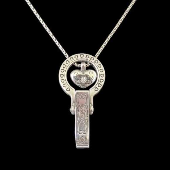 BRIGHTON Reversible Floating Heart ID Lanyard Badge Holder Swarovski Snake Chain - Picture 2 of 10